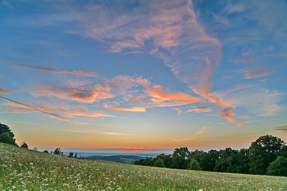 Cloudy atmosphere after sunset at Hörnle, Teck, Swabian Alb, Baden-Württemberg, Germany