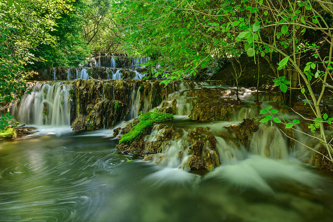 Stream Weiße Lauter flows over sinter terraces, Lenninger Tal, Lenningen, Swabian Alb, Baden-Württemberg, Germany