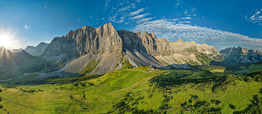 Panorama with Laliderer walls with Herzogkante and Falkenhütte, from Mahnkopf, Karwendel, Tyrol, Austria