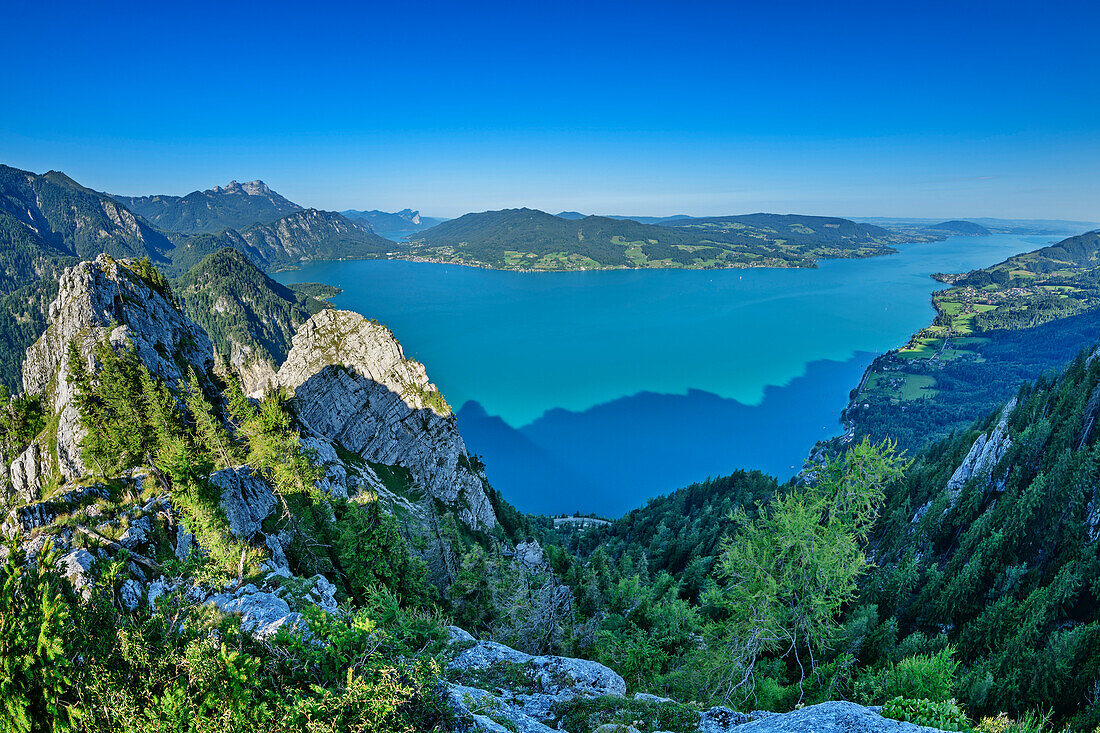 Blick vom Schoberstein auf den Attersee, vom Schoberstein, Salzkammergutberge, Salzkammergut, Oberösterreich, Österreich