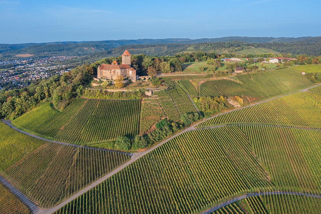  Aerial view of Lichtenberg Castle near Oberstefeld, Neckar, Neckar Valley, Württemberg Wine Route, Baden-Württemberg, Germany 