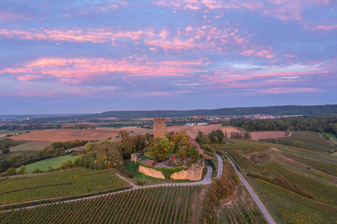  Aerial view of Ravensburg Castle near Sulzfeld in sunset, Kraichgau, Baden-Württemberg, Germany 