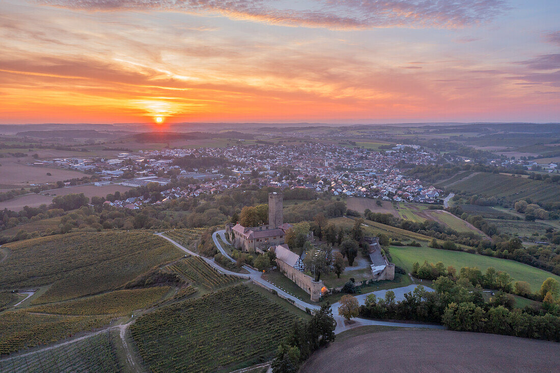  Aerial view of Ravensburg Castle near Sulzfeld in sunset, Kraichgau, Baden-Württemberg, Germany 