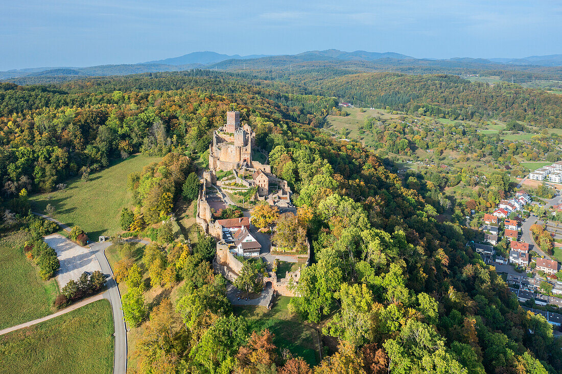  Aerial view of Rötteln Castle in Haagen, district of Lörrach in Markgräfler Land, Lörrach, Markgräflerland, Baden-Württemberg, Germany 