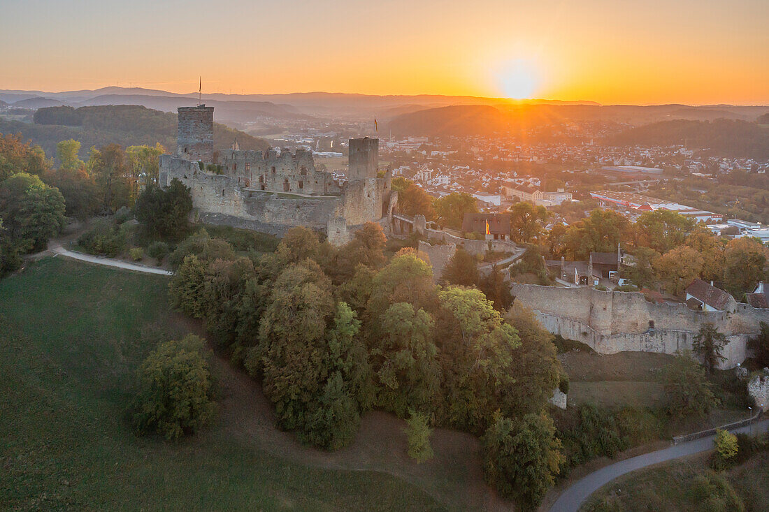  Aerial view of Rötteln Castle in Haagen at sunrise, district of Lörrach in Markgräfler Land, Lörrach, Markgräflerland, Baden-Württemberg, Germany 