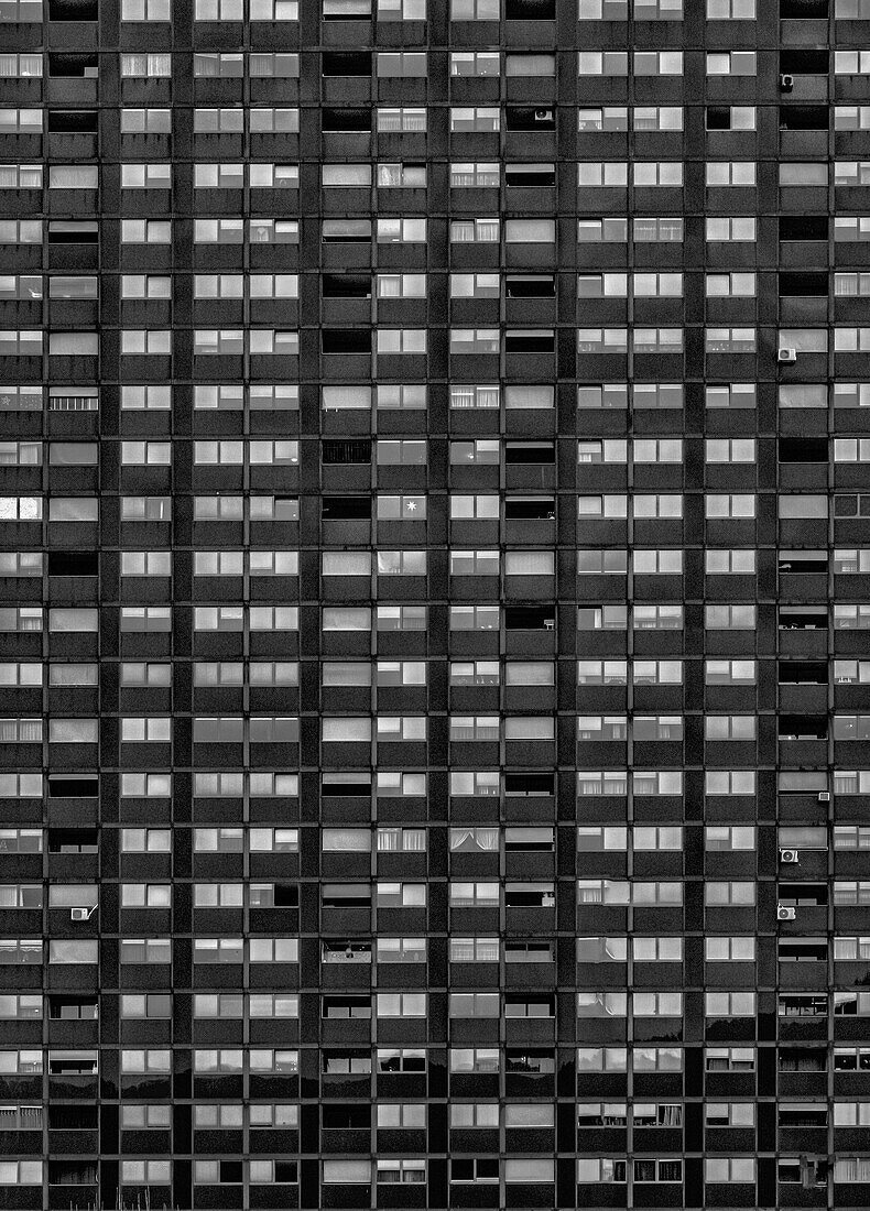 Facade of a high-rise building and many windows in black and white