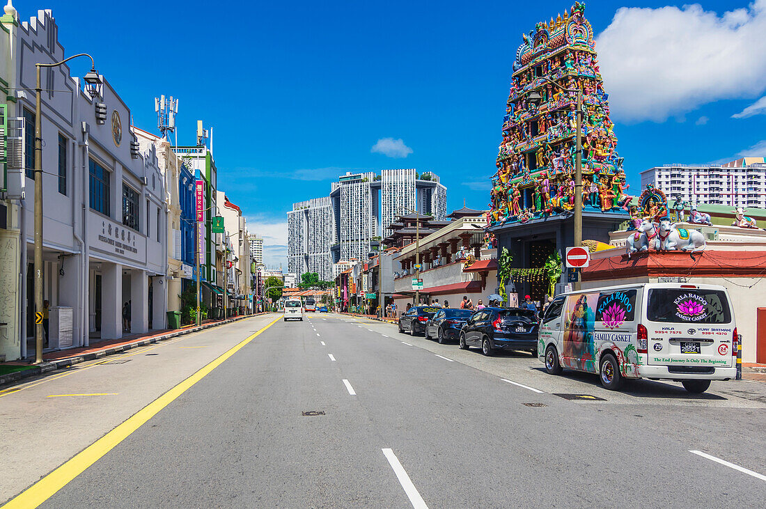 Alte Häuserzeile und Strassenzug im Bezirk Little India, Singapur, Hauptinsel Pulau Ujong, Asien