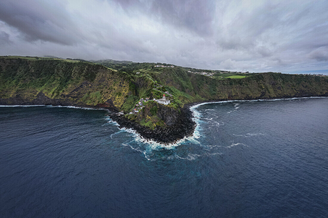  Bird&#39;s eye view of the Farol do Arnel on the coast of Sao Miguel, Azores. 