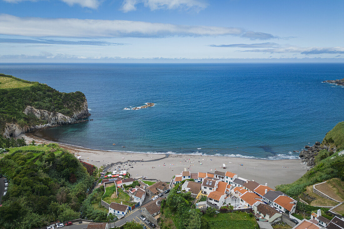  Aerial view of Praia do Moinhos beach in Sao Miguel island, Azores. 