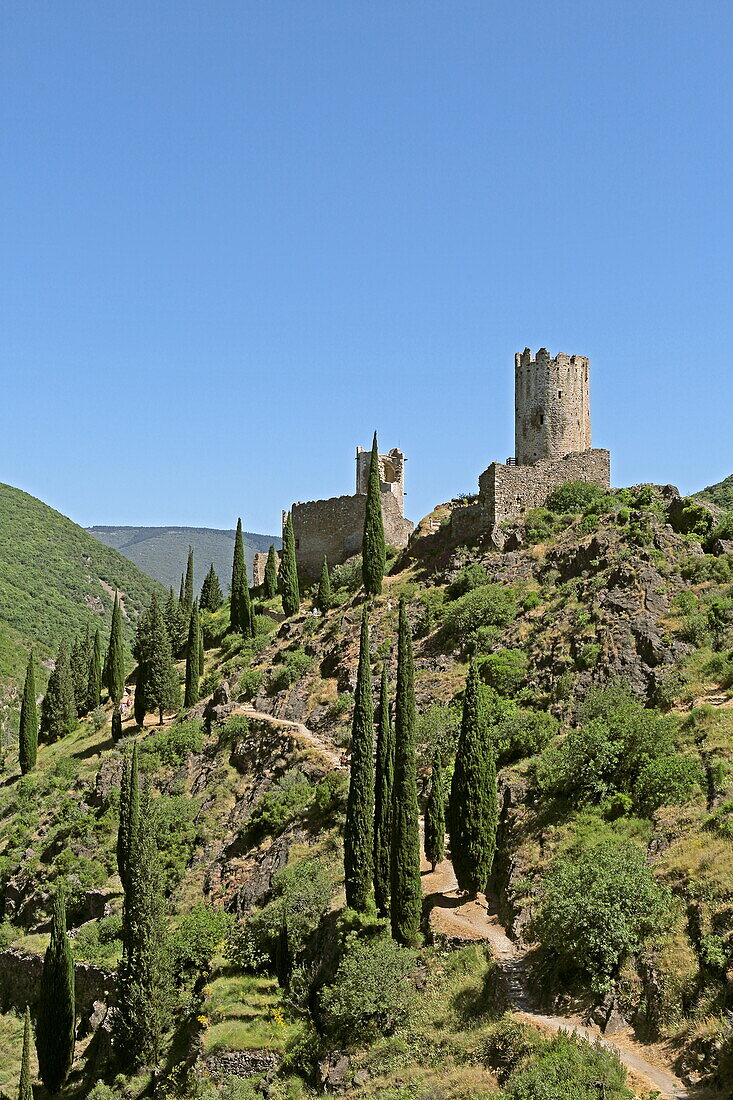 Burg Chateau de Cabaret mit dem Turm Tour Regine, Lastours, Montagne Noire, Nähe Carcassonne, Département Aude, Okzitanien, Frankreich