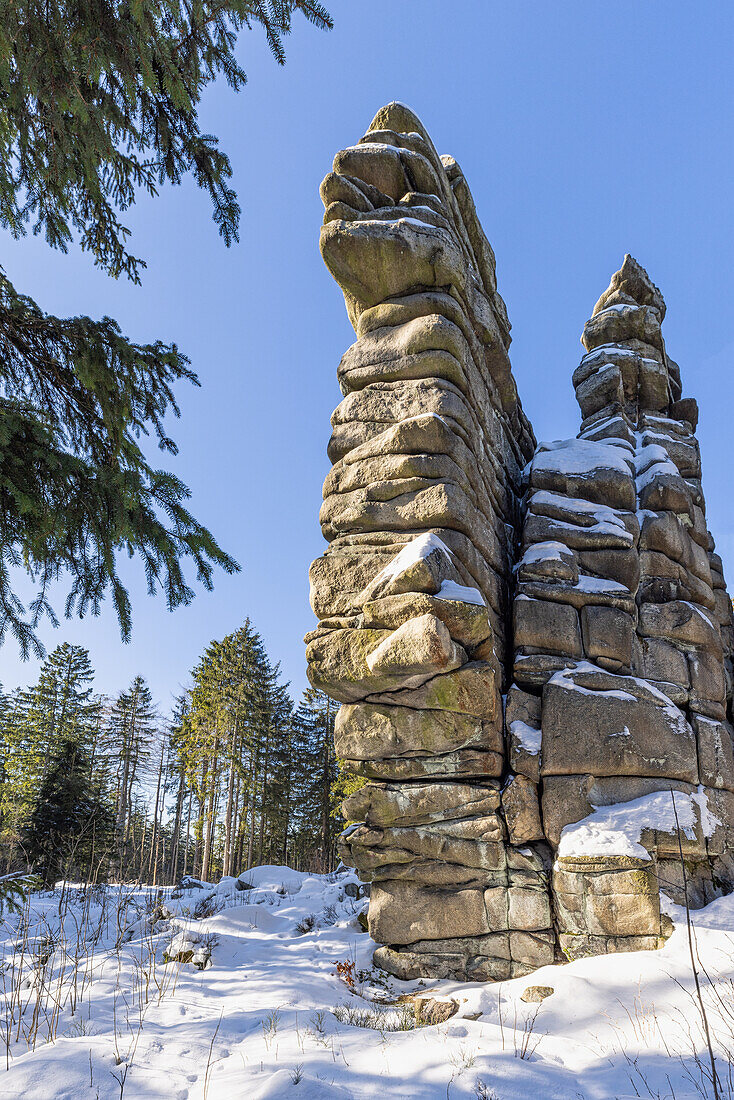  Granite rocks in the Fichtelgebirge, Rudolphstein, Weißenstadt, Schneeberg, Upper Franconia, Franconia, Bavaria, Germany, Europe 