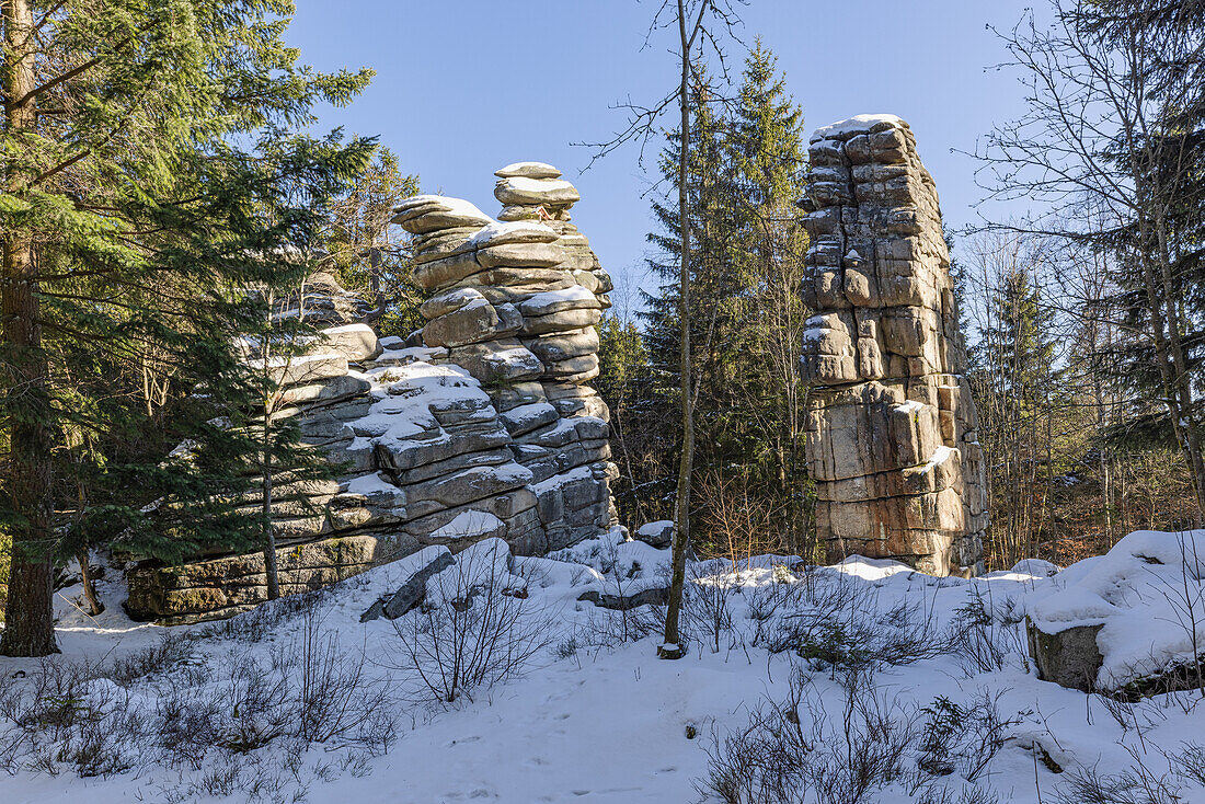  Granite rocks in the Fichtelgebirge, Rudolphstein, Weißenstadt, Schneeberg, Upper Franconia, Franconia, Bavaria, Germany, Europe 