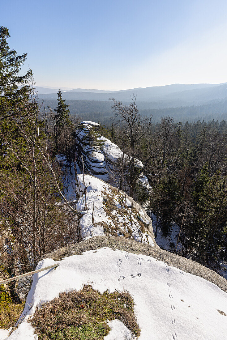  View at Rudolphstein, Weißenstadt, Fichtelgebirge, Schneeberg, Upper Franconia, Franconia, Bavaria, Germany, Europe 