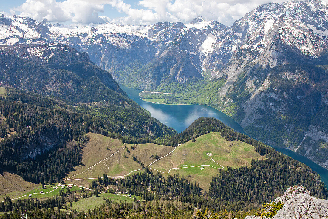  Alpine panorama - view from Jenner to Lake Königssee, Berchtesgaden, Schönau, Bavaria, Germany  