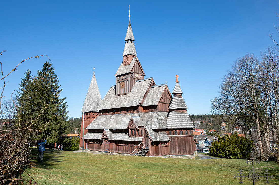  Historic stave church in Hahnenklee in the Harz Mountains, Goslar, Lower Saxony, Germany 