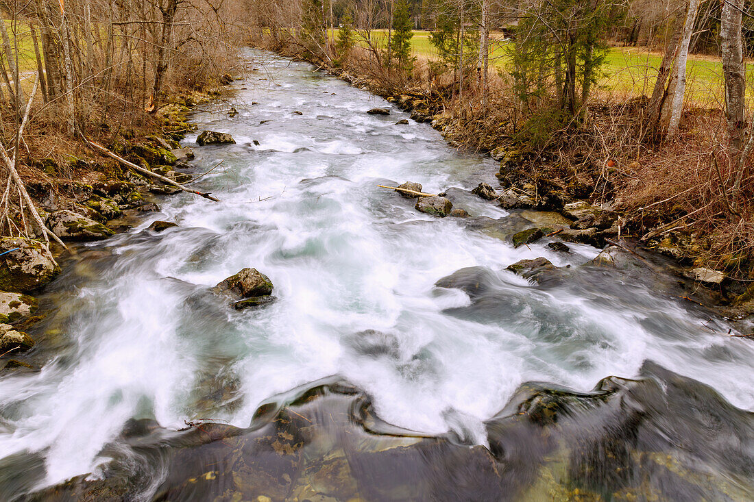  Leitzach to melting snow on the Premiumweg Leitzachtaler Bergblicke near Fischbachau, Upper Bavaria, Bavaria, Germany 