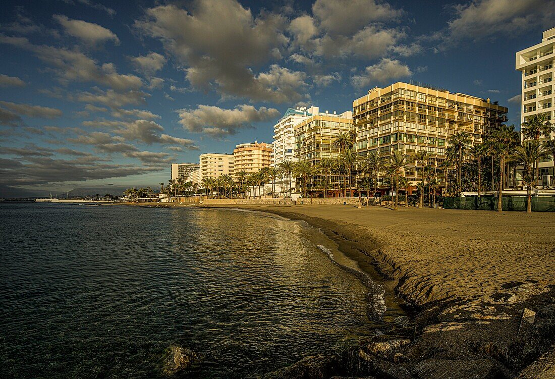  Beach and seafront promenade of Marbella in the morning light, hotels and apartment buildings in the background, Costa del Sol, Andalusia, Spain 