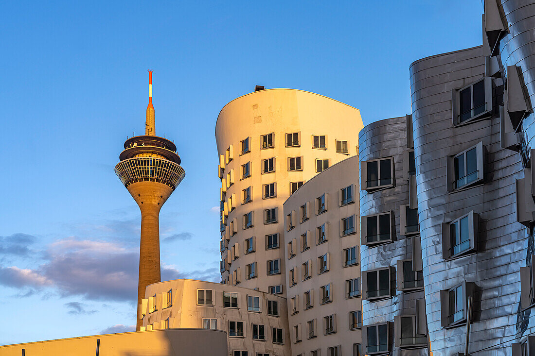  Gehry buildings - Neuer Zollhof at the Media Harbor and the Rhine Tower in Düsseldorf, North Rhine-Westphalia, Germany 