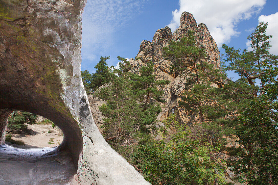  Kuhstall rock cave and Hamburg coat of arms, Teufelsmauer near Blankenburg, Harz, Saxony-Anhalt, Germany 