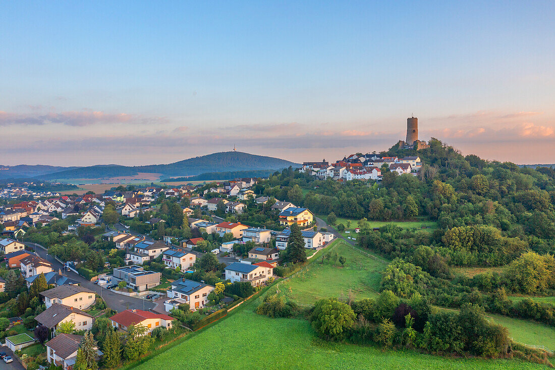  Aerial view of Vetzberg Castle in the morning, Vetzberg, Lahn, Lahntal, Hesse, Germany 