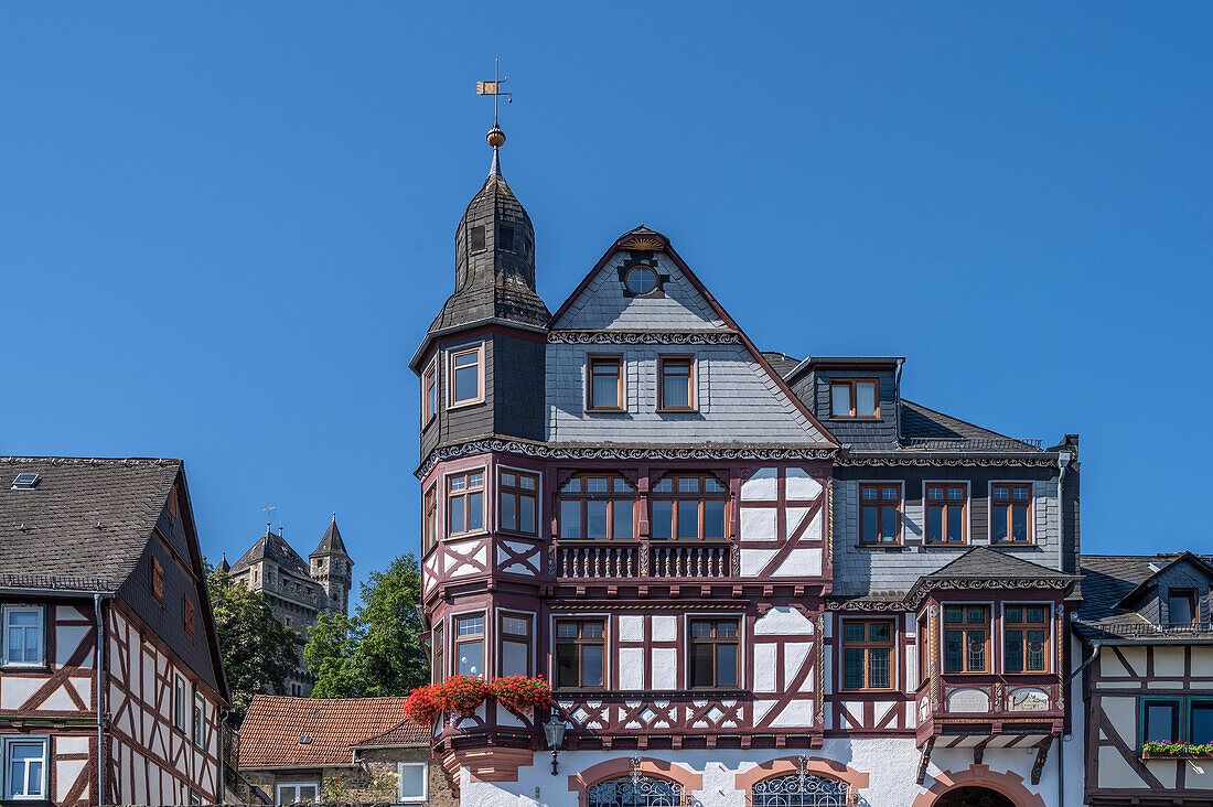  Half-timbered houses in Braunfels, Lahn, Westerwald, Lahntal, Taunus, Hesse, Germany 