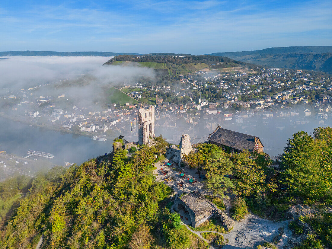  Aerial view of the Grevenburg ruins near Traben-Trarbach in the morning mist, Moselle, Moselle valley, Hunsrück, Rhineland-Palatinate, Germany 