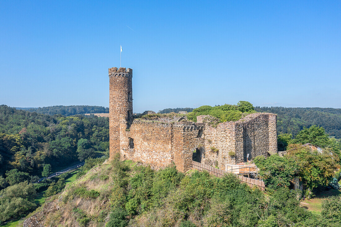 Luftaufnahme der Burg Ardeck, Holzheim bei Diez an der Lahn, Westerwald, Lahntal, Taunus, Rheinland-Pfalz, Deutschland