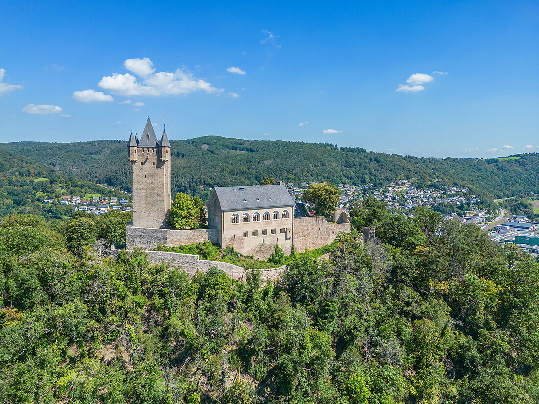 Luftaufnahme der Burg Nassau im Lahntal, Nassau an der Lahn, Rheinland-Pfalz, Deutschland