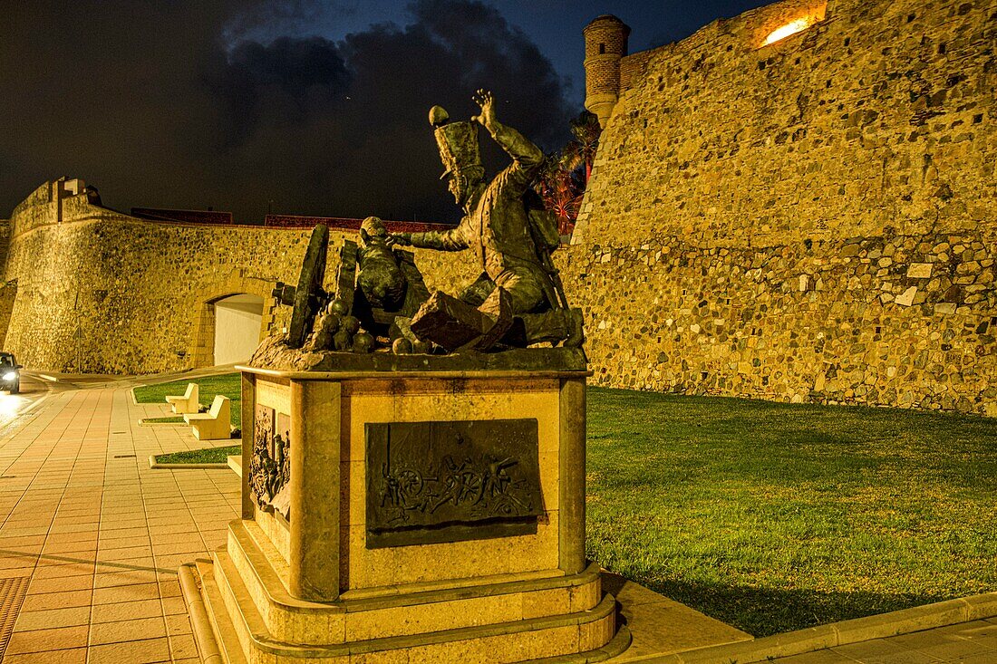  Sculpture in honor of the Ceuta Artillery Regiment in front of the Royal Walls of the fortress, Ceuta, Strait of Gibraltar, Spain 