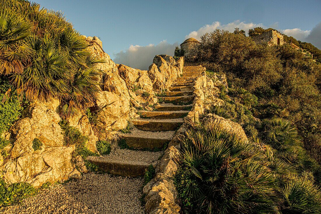 Stufen im Naturschutzgebiet Upper Rock Nature Reserve zu einer historischen Befestigungsanlage, Gibraltar, Britische Kronkolonie