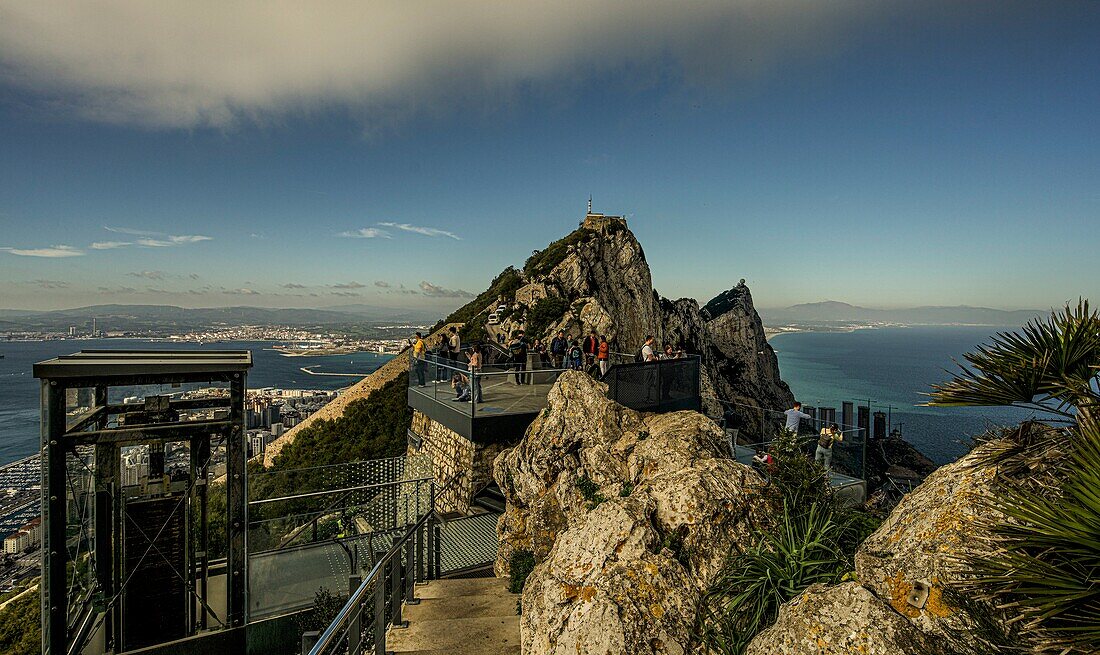  Tourists on the skywalk in the Upper Rock Nature Reserve with views of the Rock of Gibraltar and the Spanish hinterland, British Crown Colony, Spain 