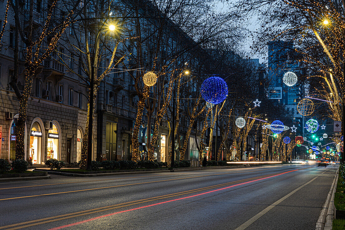 Night illumination in Tbilisi's bussiness downtown Vake in winter time