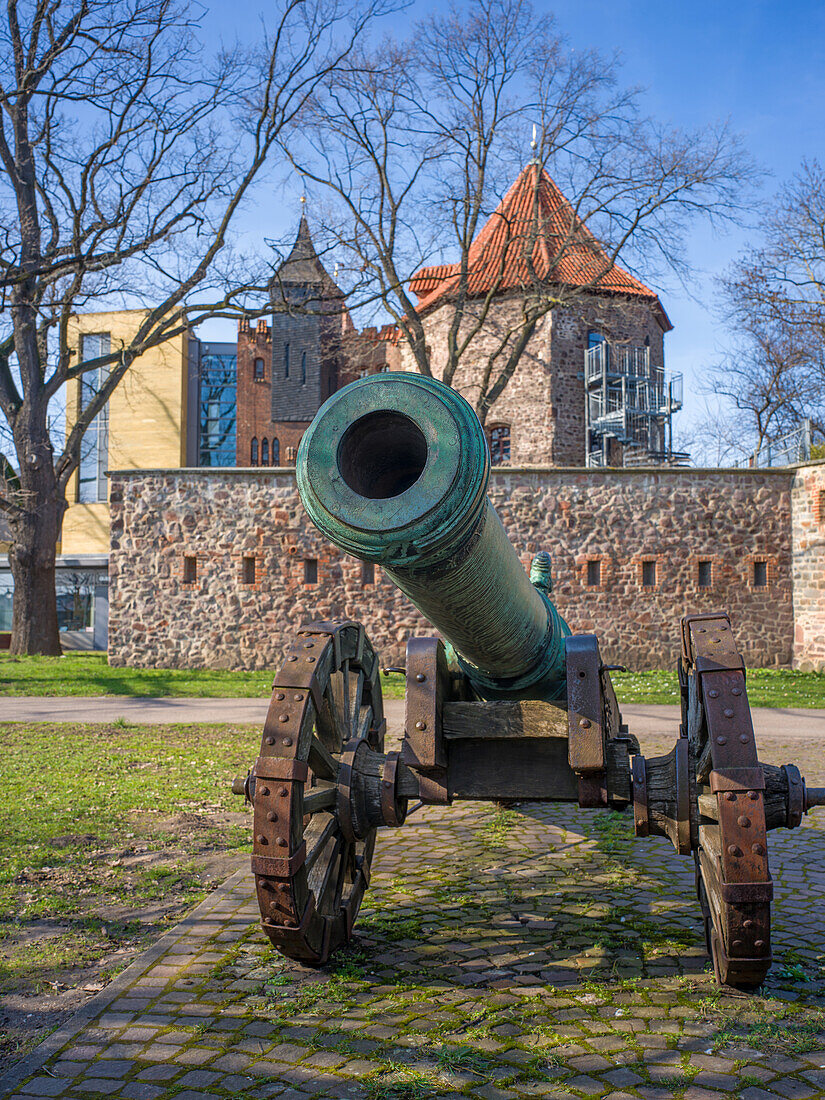  Historical cannon in front of the Lukasklause, Otto von Guericke Museum, Magdeburg, Saxony-Anhalt, Germany 