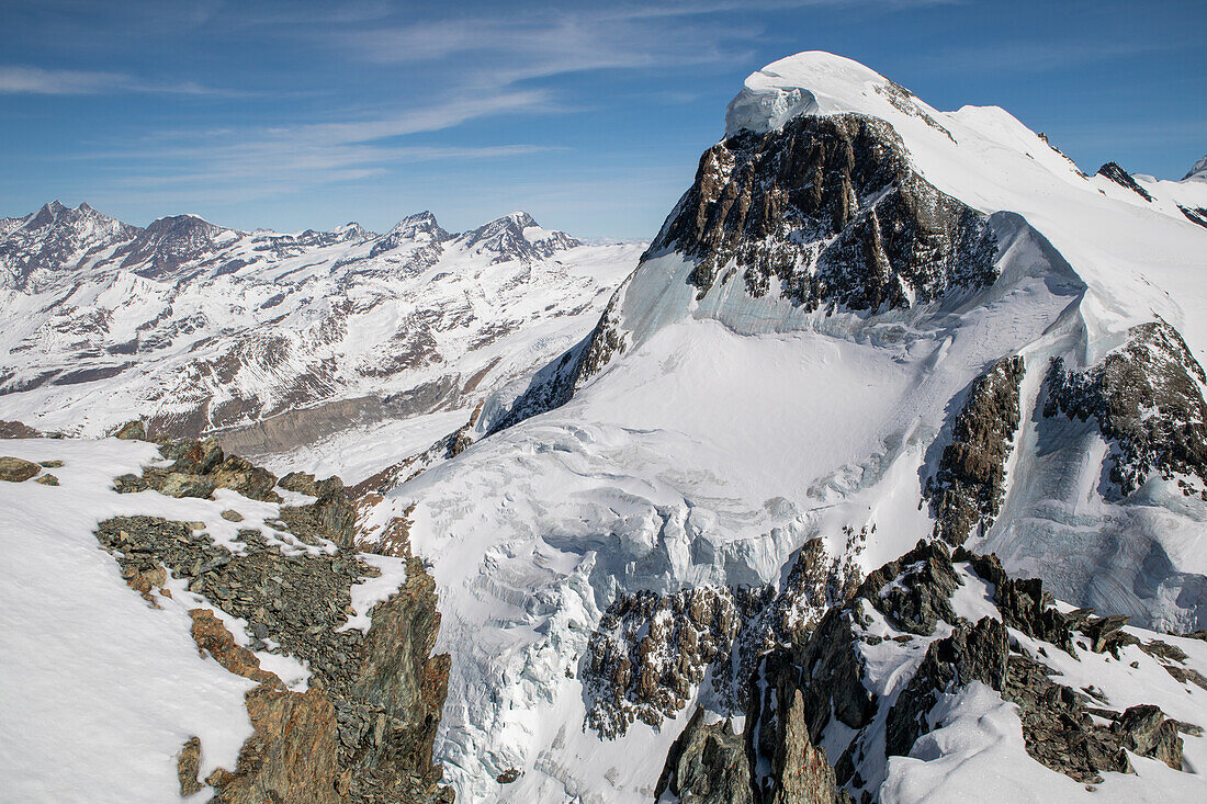 Alpine panorama with the summit of the Breithorn, Klein Matterhorn location, Zermatt, Alps, Valais, Switzerland, Helvetia 