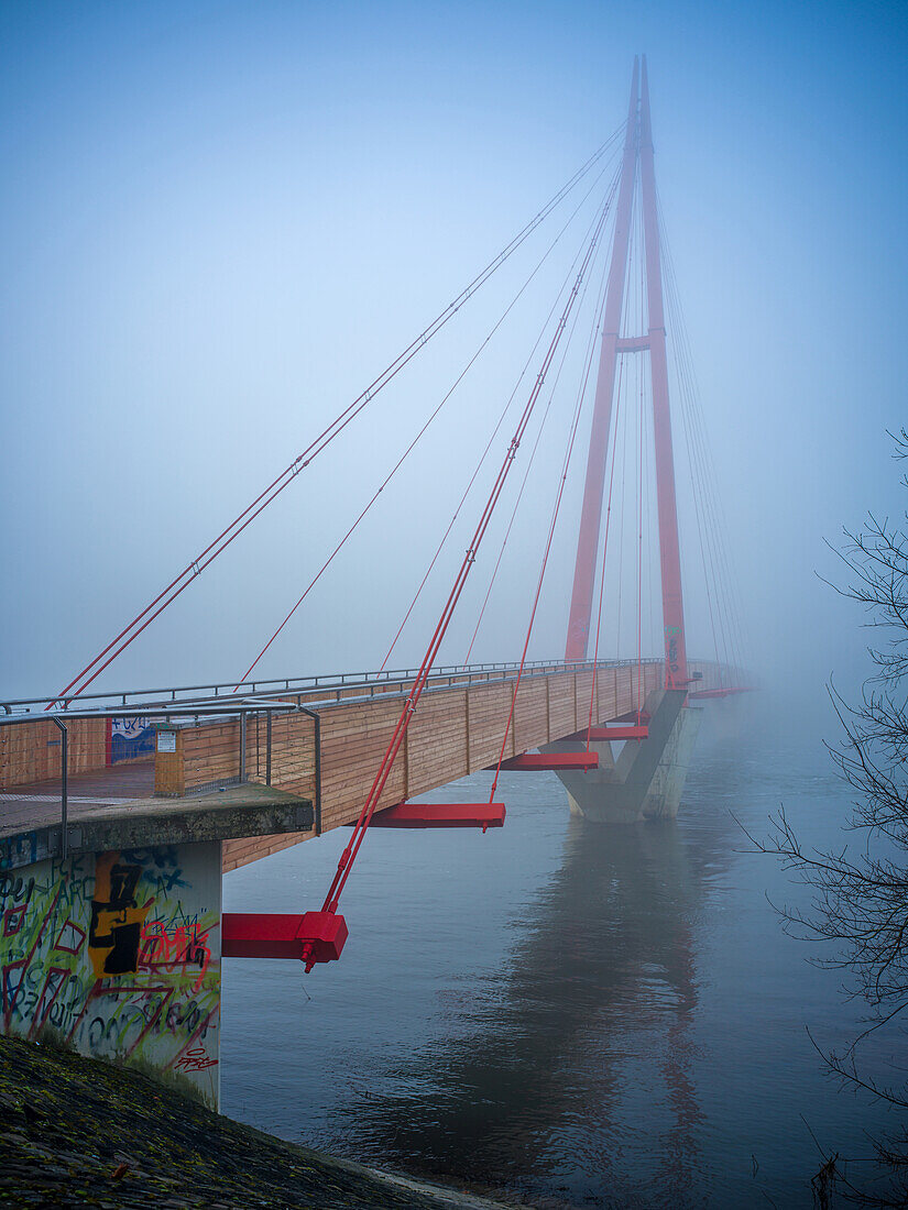 Rotehornbrücke zwischen Cracau und dem Stadtpark Rotehorn im Nebel, Magdeburg, Sachsen-Anhalt, Mitteldeutschland, Deutschland
