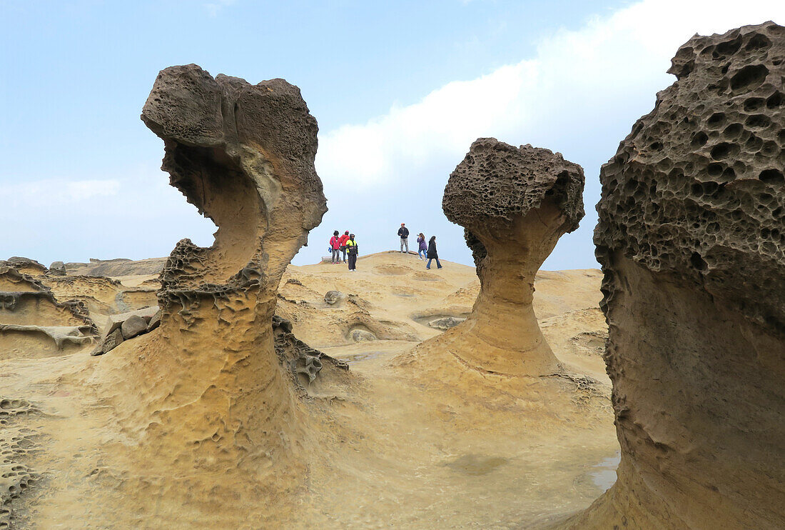  Bizarre rock formations created by erosion: the Yehliu Geopark near Taipei, Taiwan is located on the South China Sea and is a popular excursion destination. Anyone who visits here on a windy day or during typhoon season can easily imagine the forces of nature that were at work here.  