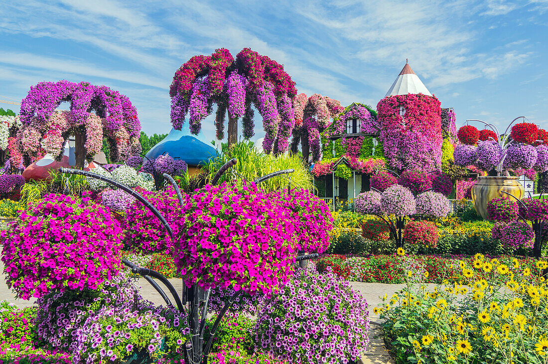 Blumenskulpturen und bunte Beete, Der Blumenpark 'Miracle Garden', Dubai, Vereinigte Arabische Emirate, Arabische Halbinsel, Naher Osten
