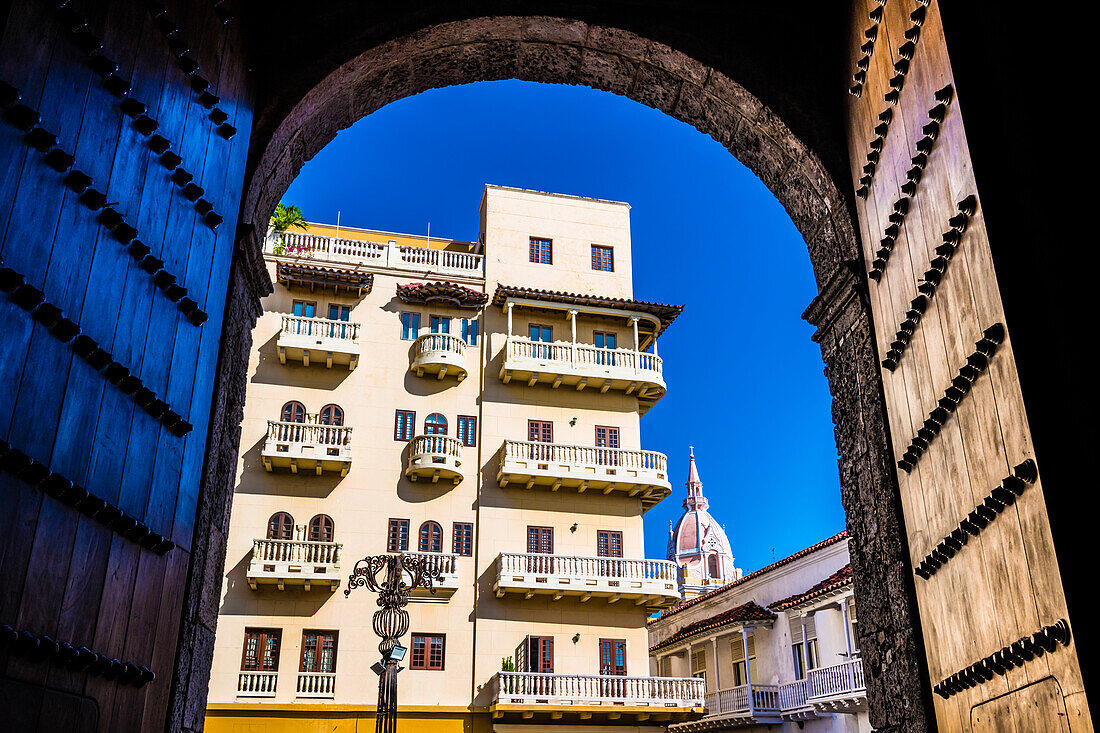  View from the cathedral to the church tower of Santa Catalina de Alejandría, Cartagena, Colombia, America 