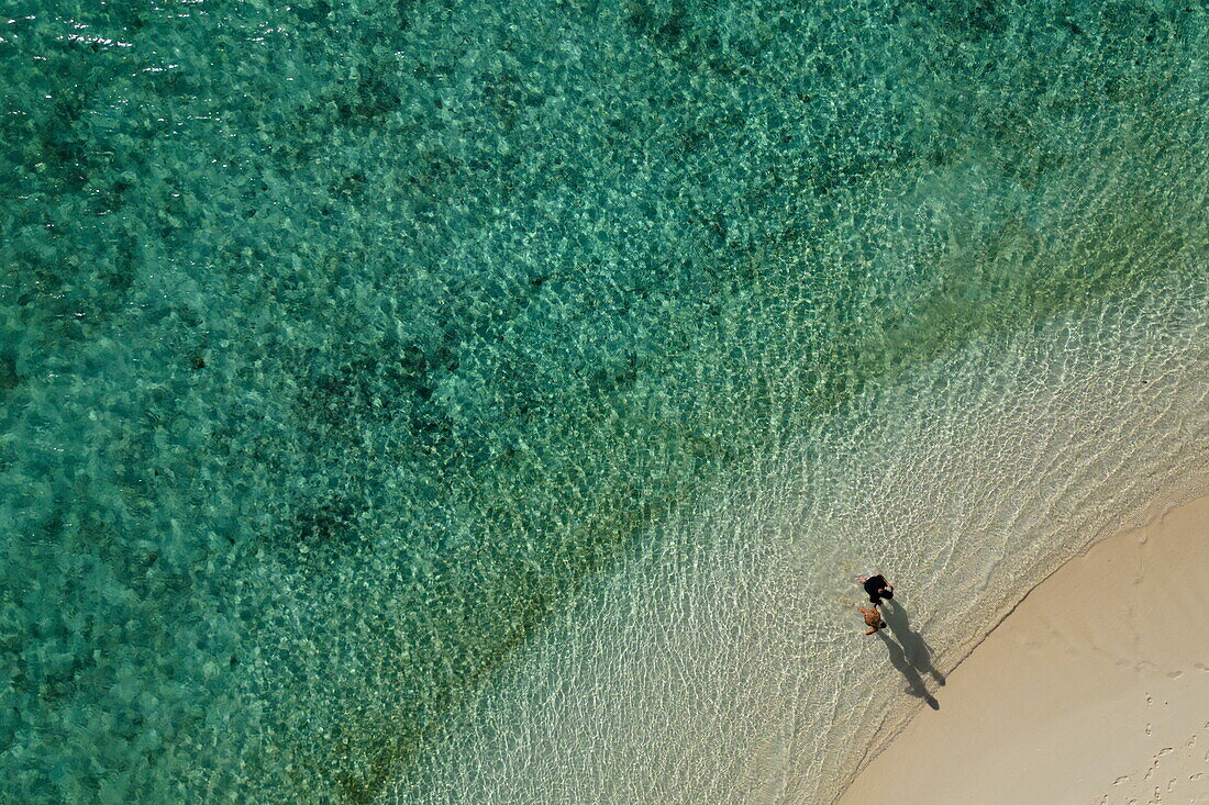 Luftaufnahme eines Paares am Strand der Insel Bijoutier, Alphonse Group, Äußere Seychellen, Seychellen, Indischer Ozean
