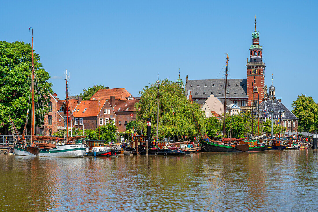  Harbor of Leer with town hall, Emsland, East Frisia, Lower Saxony, Germany 