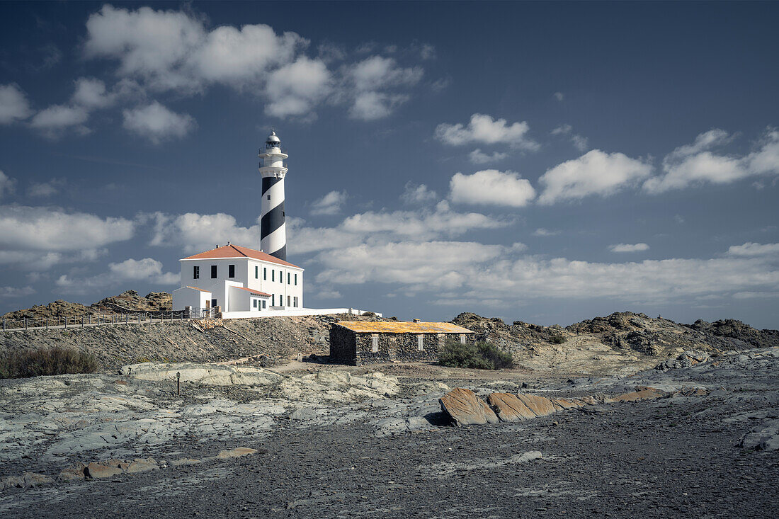  Lighthouse at Cap de Favàritx under a blue sky, Menorca, Balearic Islands, Spain, Europe 