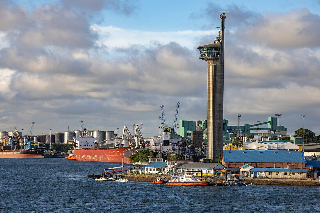  70m high port control tower and cargo ships, Mombasa, Kenya, Africa 