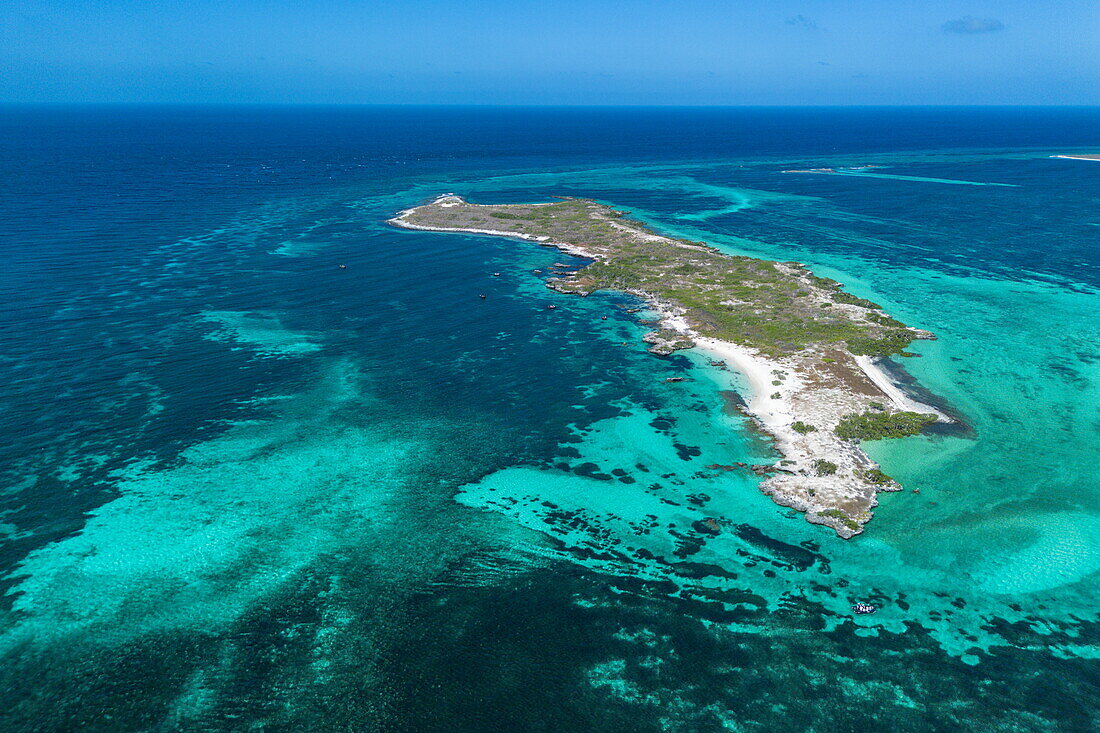 Luftaufnahme von Riff und Insel, Cosmoledo Atoll, Äußere Seychellen, Seychellen, Indischer Ozean