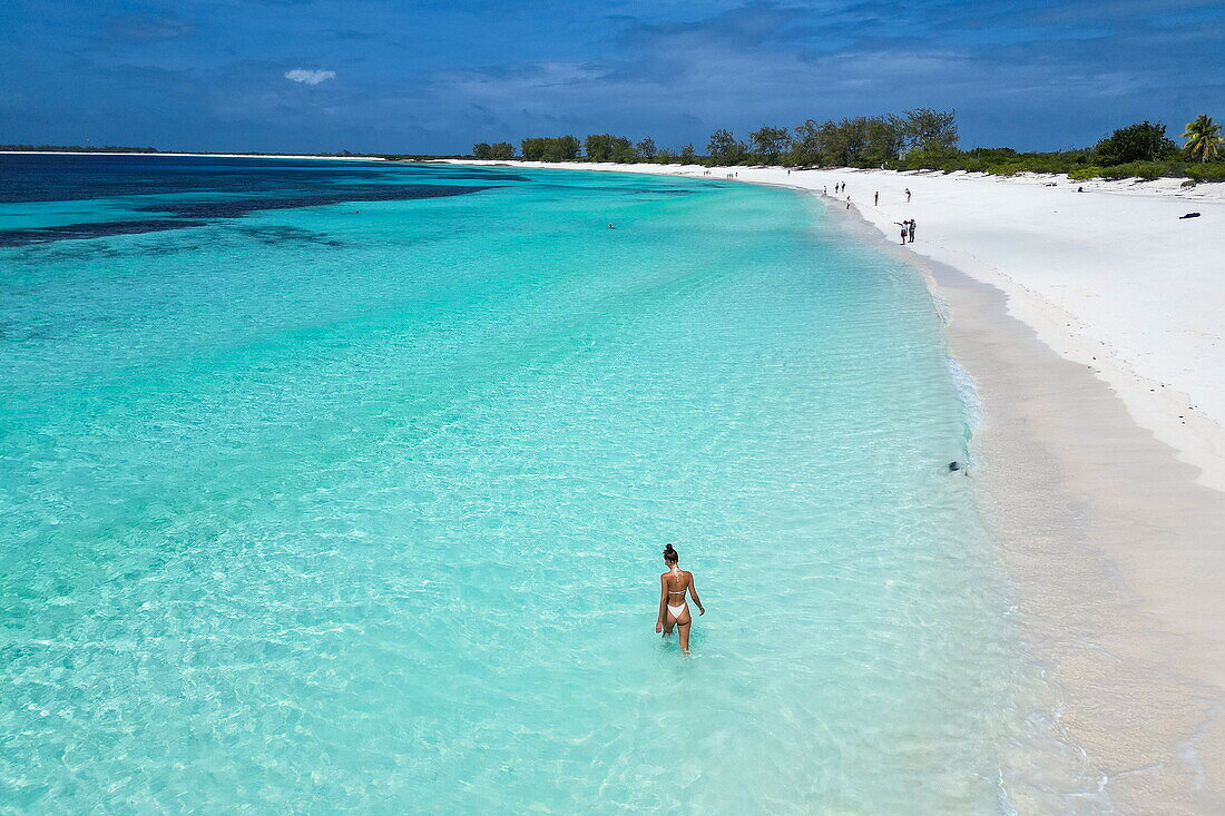  Aerial view of a woman walking along the beach in shallow water, Assumption Island, Outer Islands, Seychelles, Indian Ocean 