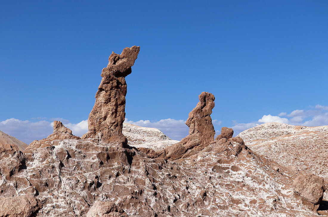  Chile; Northern Chile; Antofagasta Region; Cordillera del Sal; on the border with Bolivia; at San Pedro de Atacama; Valle de la Luna; &quot;Tres Marias&quot; rock formation; you can see two of the three Marys 