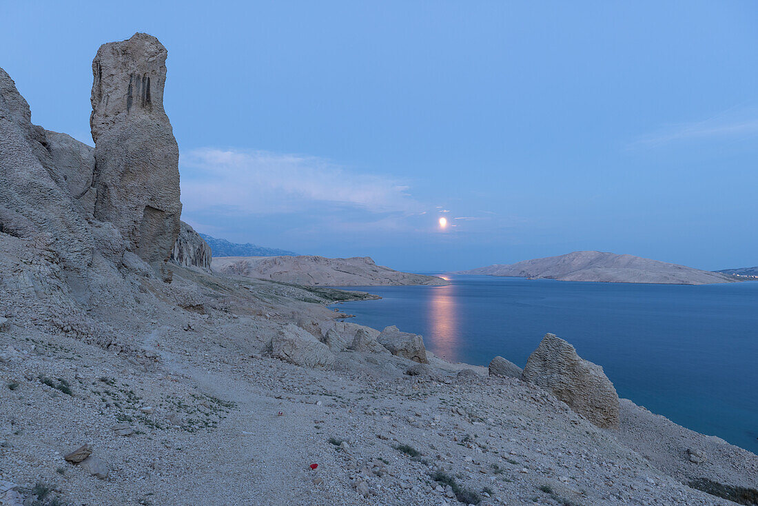  Full moon night on the island of Pag, Life on Mars Trail, Metajna, Croatia, Europe 