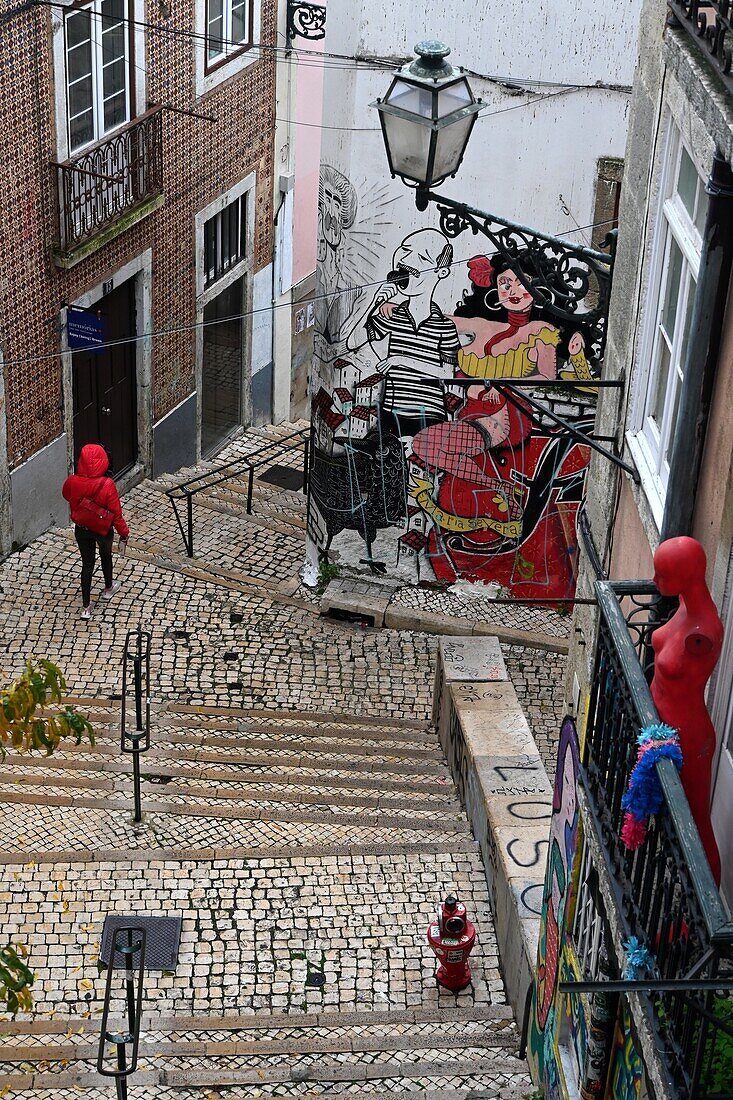 Treppenstufen und Häuser, Largo de Sao Cristovao in der Altstadt, Alfama, Lissabon, Portugal
