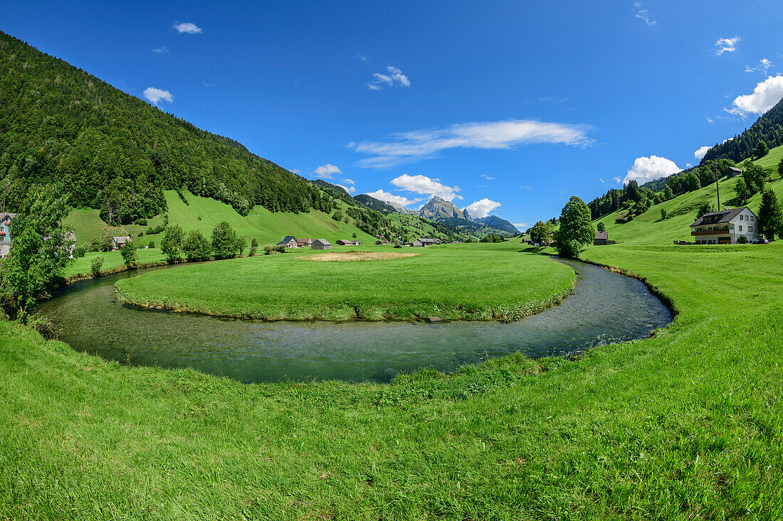  River tails of the Thur River with Wildhuser Schafberg in the background, Alt St. Johann, Alpstein, Appenzell Alps, Toggenburg, St. Gallen, Switzerland 