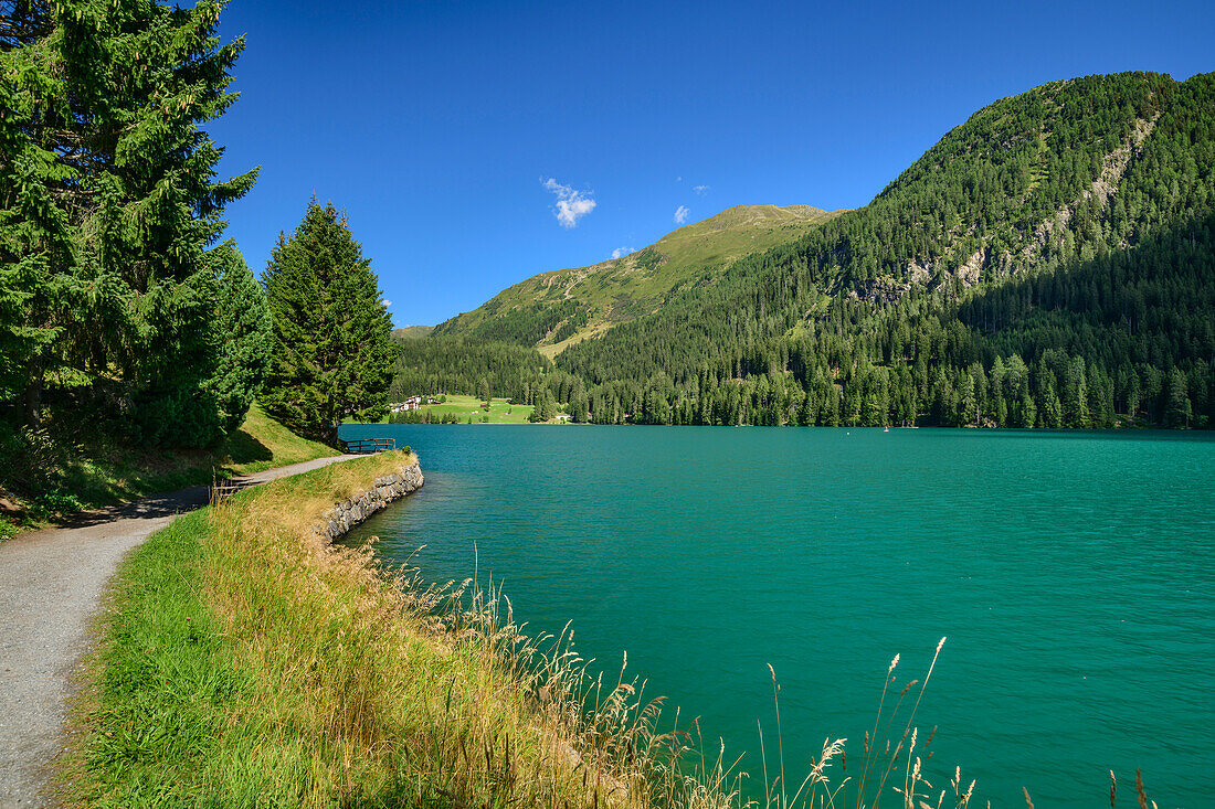  Lake Davos with Silvretta mountains in the background, Davos, Plessur Alps, Graubünden, Switzerland 