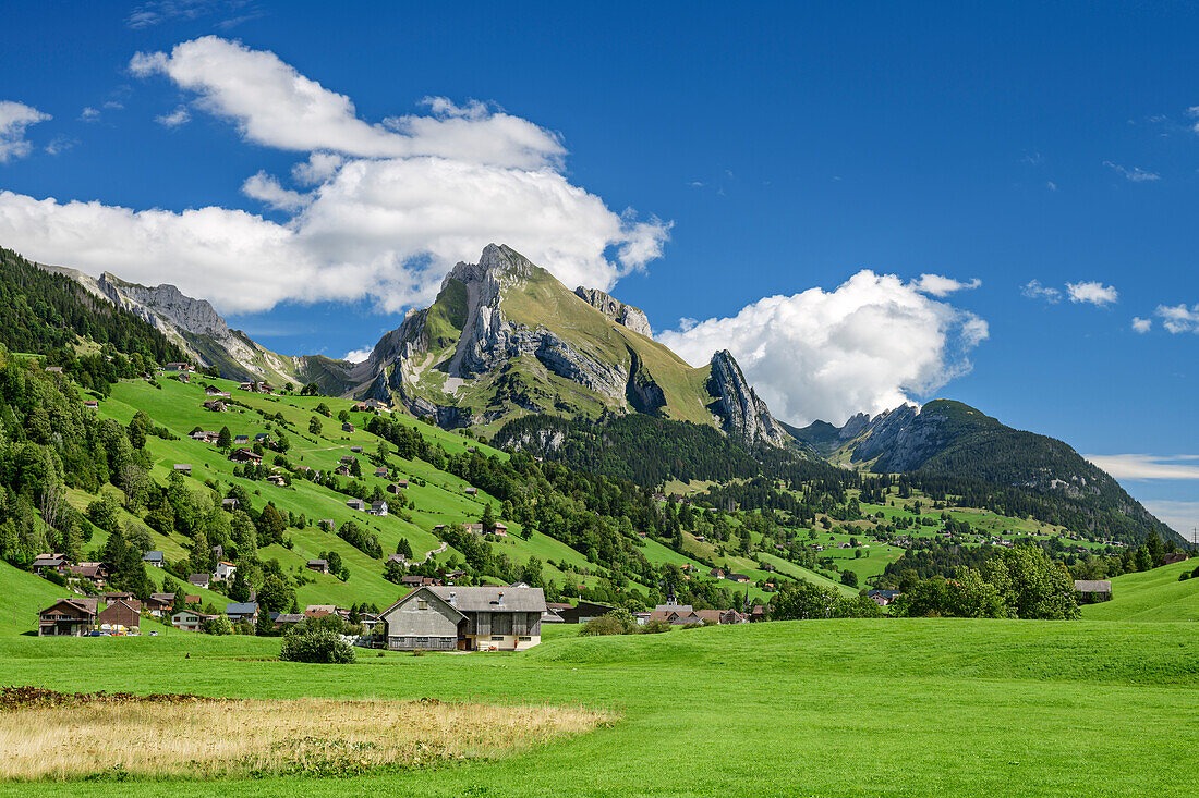  Valley floor of the Thur with Wildhuser Schafberg in the background, Alt St. Johann, Alpstein, Appenzell Alps, Toggenburg, St. Gallen, Switzerland 